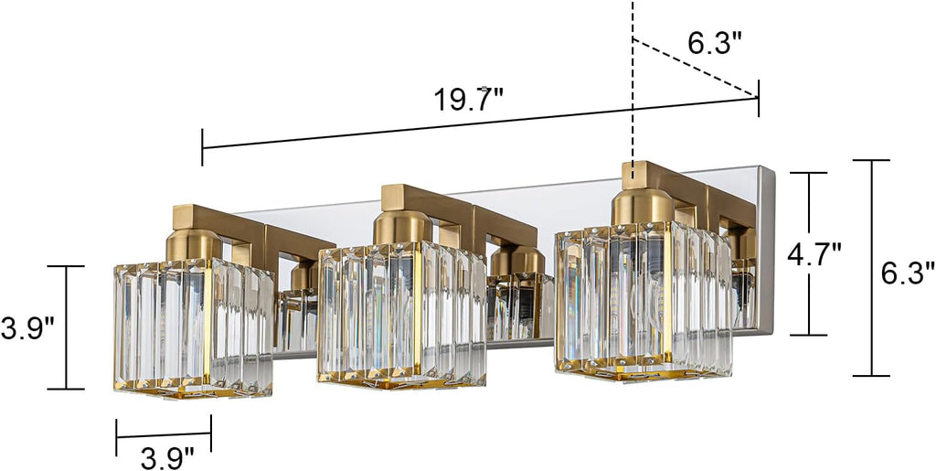 Gold Chrome Crystal Bathroom Light 3-Light Modern Bathroom Vanity Light Fixtures Over Mirror Wall Sconce