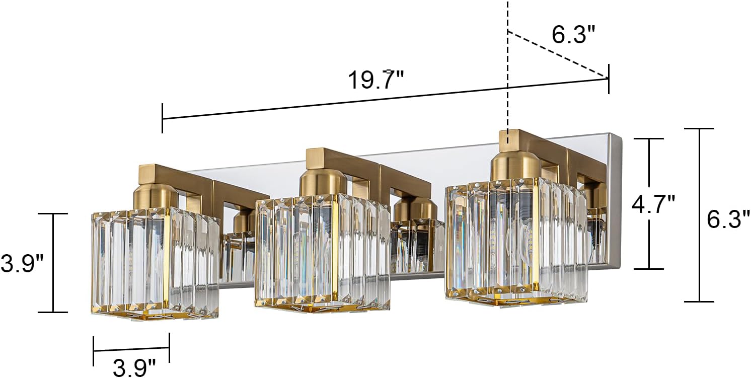 Gold Chrome Crystal Bathroom Light 3-Light Modern Bathroom Vanity Light Fixtures Over Mirror Wall Sconce