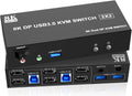8K@60Hz USB 3.0 Displayport KVM Switch 2 Monitors 2 Computers, DP 1.4 Dual Monitor KVM Switch with Audio Microphone 3 USB Port(EU Plug Adapter)