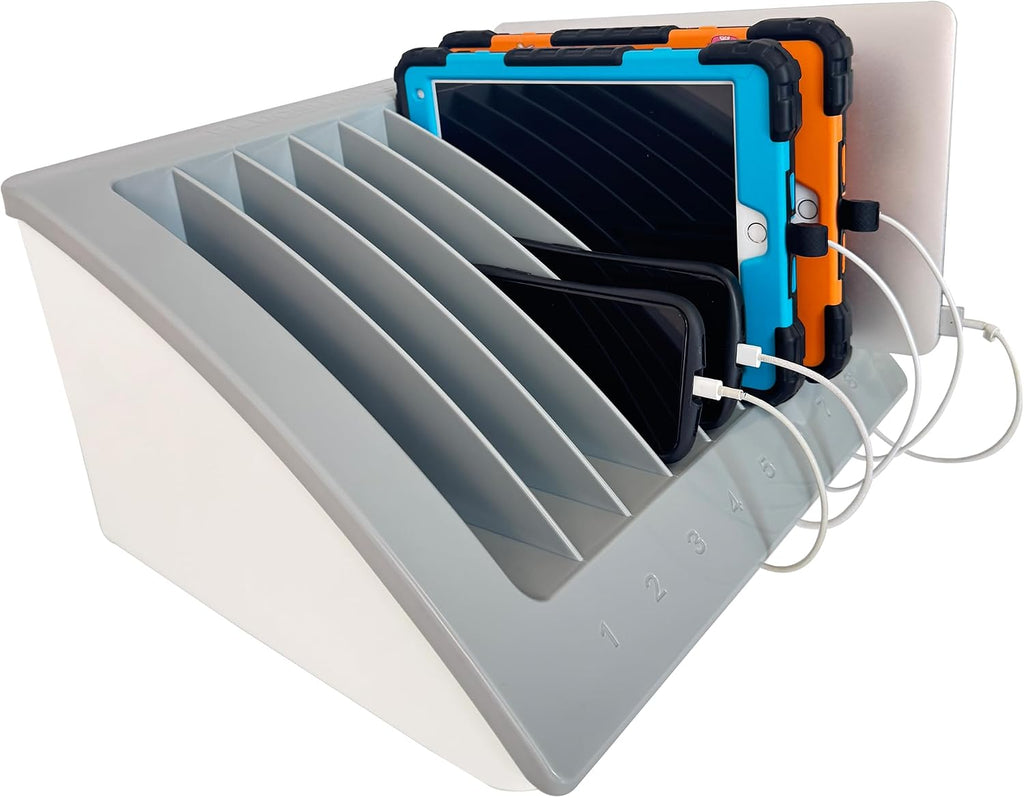 8-Device Laptop & Tablet Charging Station for Classroom, Office & Library – Chromebook & iPad Charging Organizer with Surge Protection, Cable Management & Numbered Slots, Fits Devices Up to 15.6'