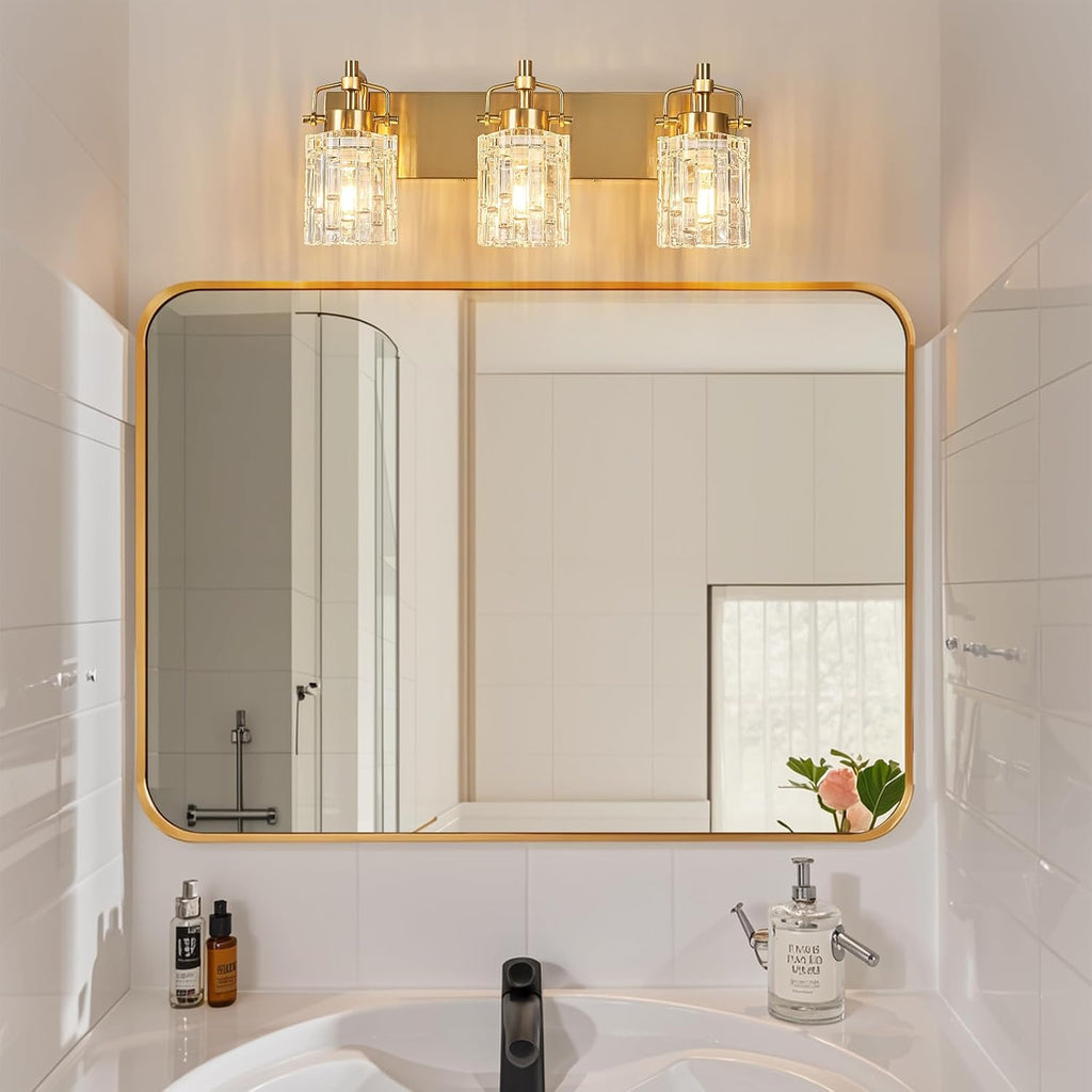 3 Light Crystal Glass Vanity Light, Gold Bathroom Lighting Fixtures Over Mirror Modern Bath Wall Sconce Lighting for Bedroom Living Room