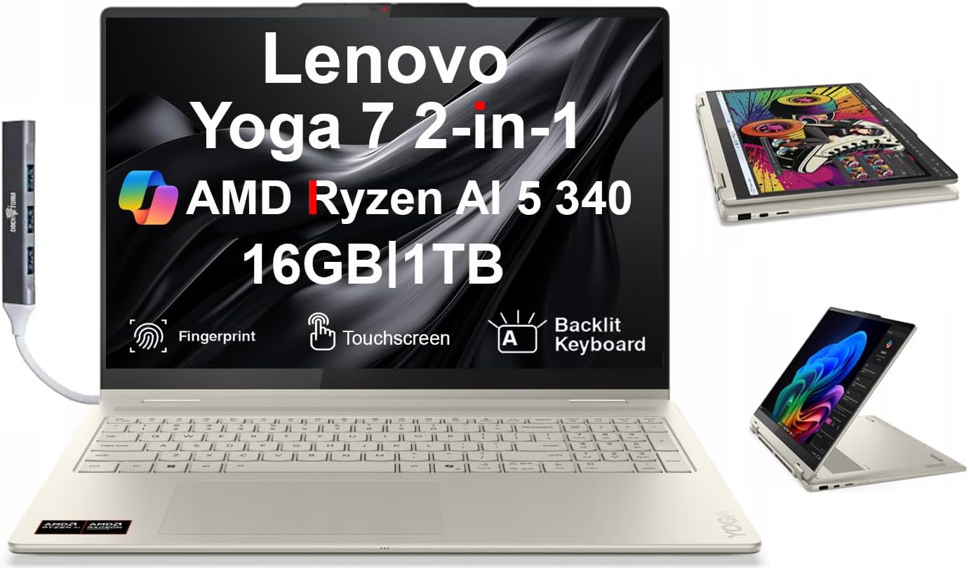 Lenovo Yoga 7 2-in-1 Copilot+ Laptop 16.0' Touch IPS WUXGA Display (AMD Ryzen AI 5 340 (Up to 50 Tops), 16GB LPDDR5X, 1TB SSD, Backlit KB, FP, WiFi 7, HD Webcam, Win 11 Pro) with DKZ USB Port Expander