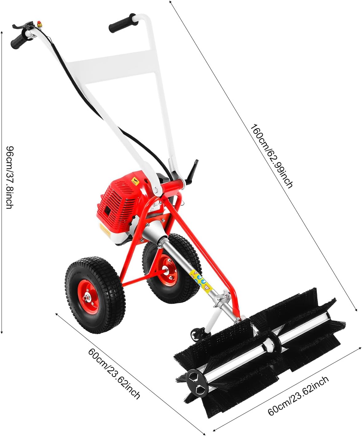 43CC 2 Stroke 1.7HP Gas Power Broom Sweeper 1250W Walk Behind Lawn Yard Sweeper Handheld Push Lawn Sweepers Walk Behind Lawn Mower for Driveways Lawns Sidewalks