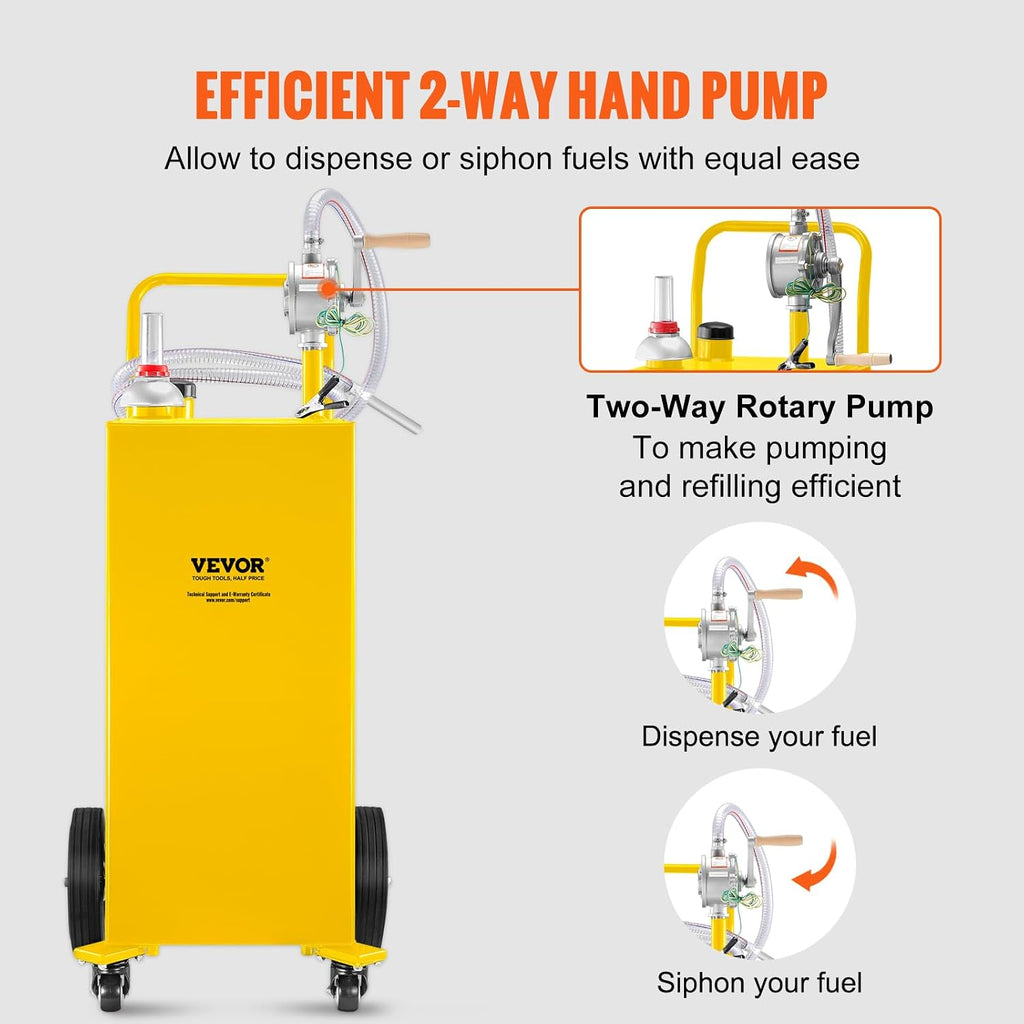 VEVOR Fuel Caddy, 35 Gallon, Gas Storage Tank on 4 Wheels, with Manual Transfer Pump, Gasoline Diesel Fuel Container for Cars, Lawn Mowers, ATVs, Boats, More, Yellow