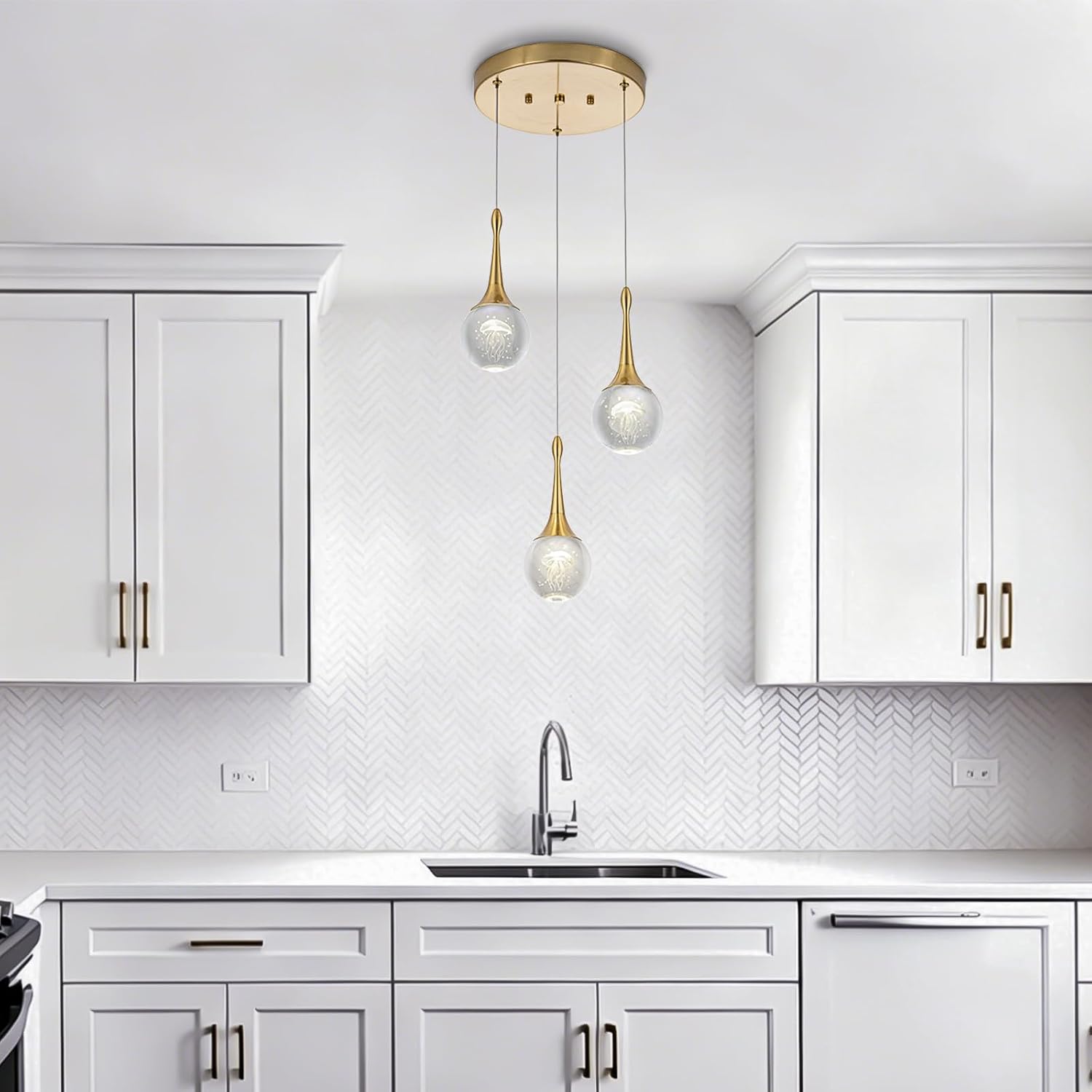 CHYING 3-Lights Pendant Lights Kitchen Island, Modern LED Dimmable Globe Crystal Jellyfish Teardrop Ceiling Pendant Lighting for Dining Room Hallway Entryway Bedroom, Gold Warm White