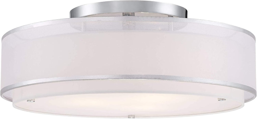 Possini Euro Design Double Organza Modern Ceiling Light Flush-Mount Fixture 20' Wide Chrome 3-Light Sheer Off White Drum Shades for Bedroom Kitchen Living Room Hallway Dining Bathroom Schoolhouse
