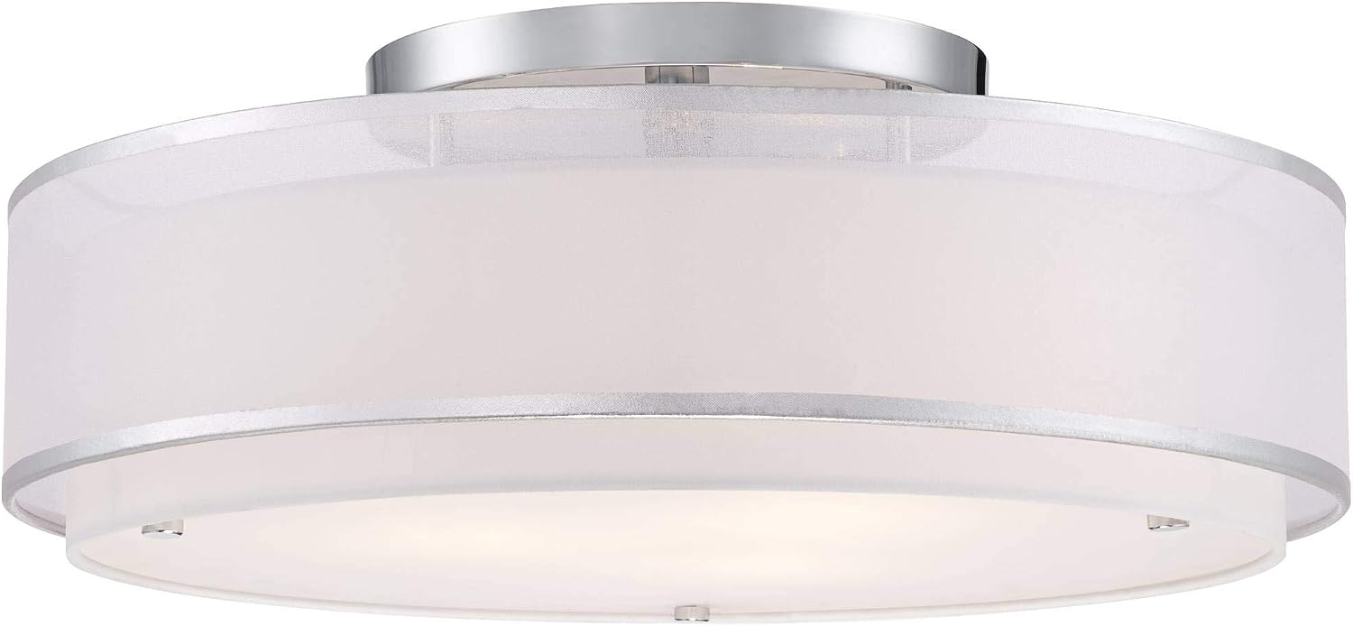 Possini Euro Design Double Organza Modern Ceiling Light Flush-Mount Fixture 20' Wide Chrome 3-Light Sheer Off White Drum Shades for Bedroom Kitchen Living Room Hallway Dining Bathroom Schoolhouse