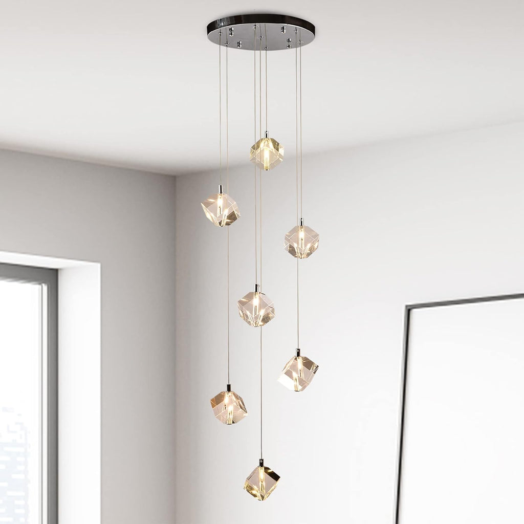 Cube Crystal Pendant Light, Cut Crystal Drops Hanging Ceiling Chandelier, Modern Raindrop Pendants Chrome Light Fixture for Kitchen Island Dining Room, 21W