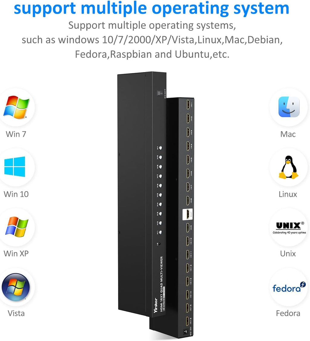 4K HDMI Multiviewer 16x1, 4K@30Hz Seamless HDMI Switcher 16 in 1 Out w/IR Remote, Multiple Display Modes for Laptops/PC/Set-up Box/Security Camera/PS5