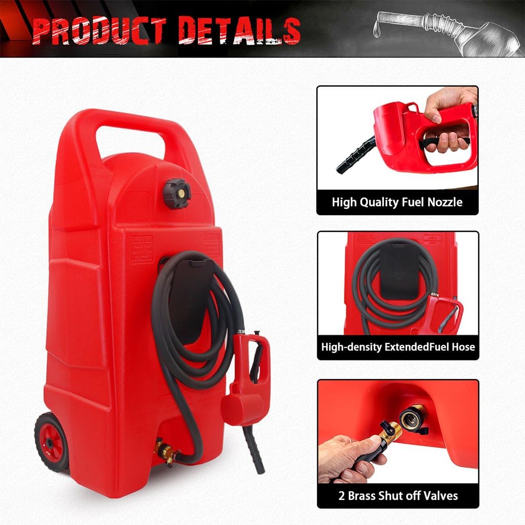 34 Gallon Fuel Caddy, Portable Gas Can Fuel Tank Container with Delivery Hose and Wheels, Gasoline Diesel Can Reversible Rotary Hand Siphon Pump, for Cars, Lawn Mowers, ATVs, Boats