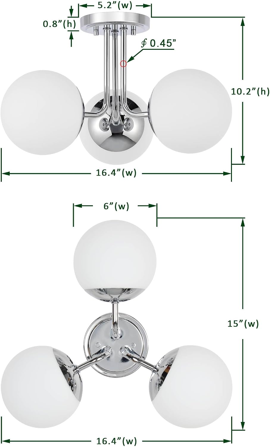 3 Light Semi Flush Mount Chrome Ceiling Light Fixture, Modern Globe Chandelier, Sputnik Farmhouse Lighting for Kitchen Bedroom Bathroom Living Room Corridor Laundry Room Bar