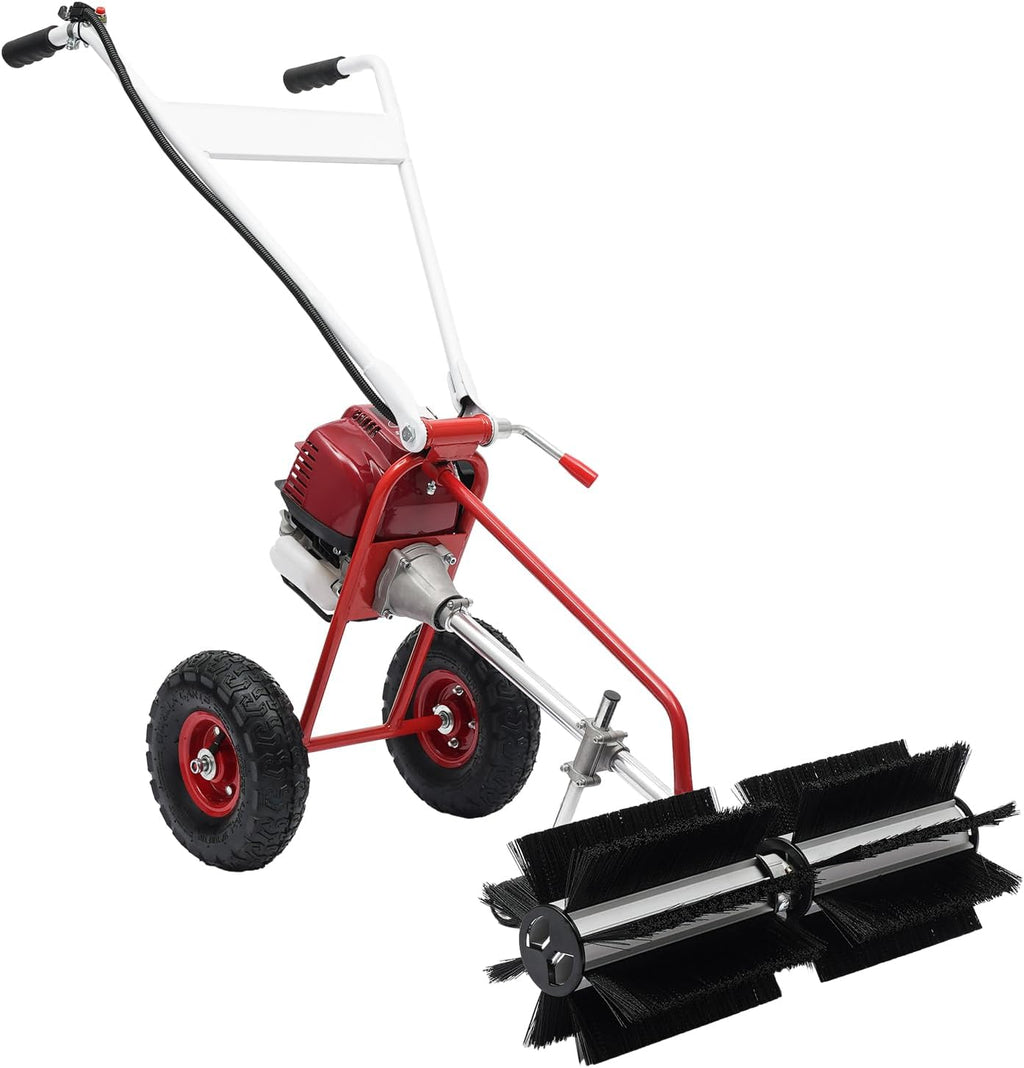 Gas Power Broom 37.CC 2.3HP 4 Stroke Gasoline Powered Artificial Lawn Sweeper Walk-Behind Outdoor Hand Push Sweeper, for Dirt Grass Leaves Lawn Debris Artificial Turf Snow Cleaning
