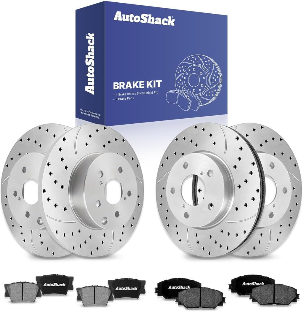 AutoShack Front & Rear Brake Rotors & Ceramic Pads for Toyota & Lexus, RAV4 2006-2008 HS250h 2010-2012, FWD 4WD L4 2.4L - Silver Zinc Coated Drilled & Slotted - SilverShield Pro