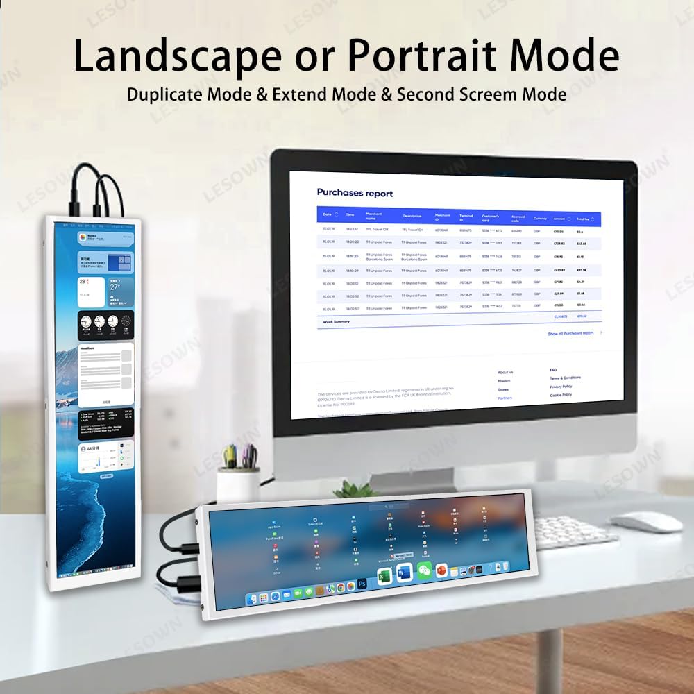 8.8' Mini Stretched Bar Monitor Touchscreen 480x1920 PC Temperature Display 600nits High Brightness Portable Secondary Screen LCD Screen Inside PC Case White