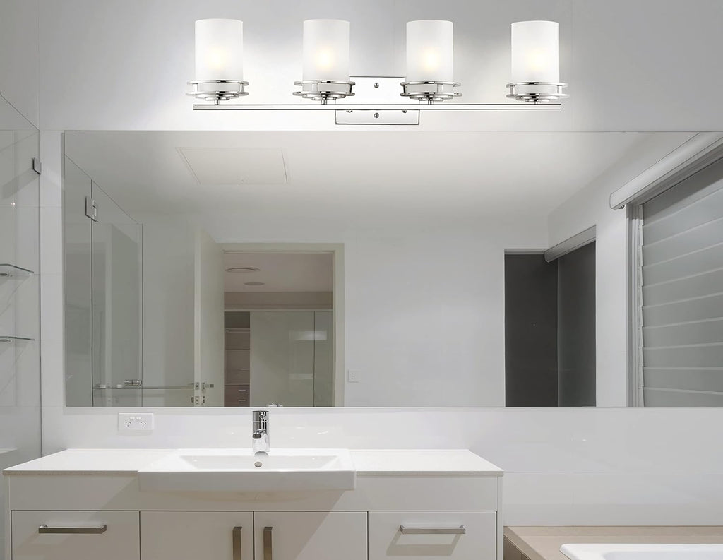 JONATHAN Y 32' Chrome Modern LED Vanity Light, 4-Light Art Deco Wall Sconce Fixture for Bathroom Mirror, with Frosted White Glass Shade, Dimmable, LED Bulb Included (JYL7487A)
