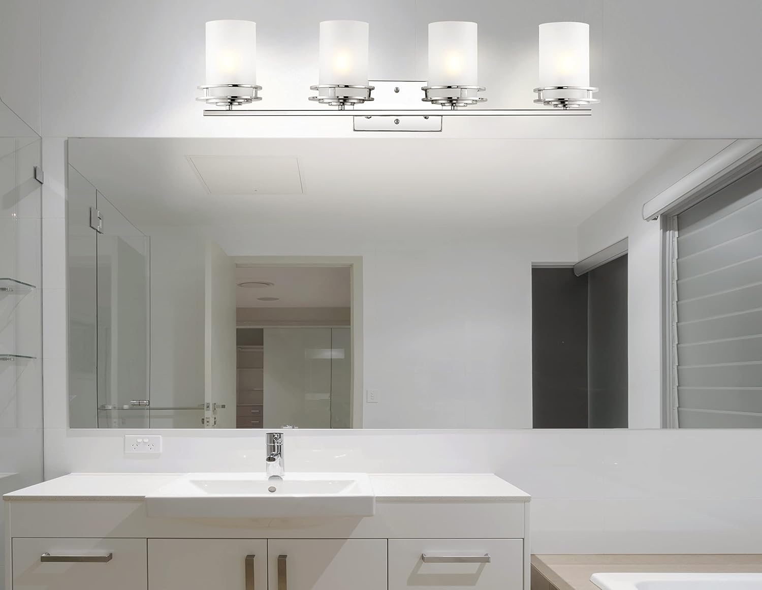 JONATHAN Y 32' Chrome Modern LED Vanity Light, 4-Light Art Deco Wall Sconce Fixture for Bathroom Mirror, with Frosted White Glass Shade, Dimmable, LED Bulb Included (JYL7487A)