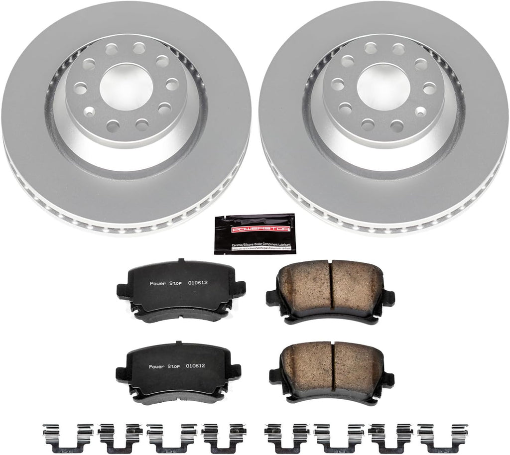 PowerStop Rear Brake Kit for Volkswagen CC 2009-16 |Golf R 2012-13 |GTI 2015-21 |Passat 2006-09 |R32 2008 - Fully-Coated Disc Rotors with Z23 Carbon-Fiber Ceramic Brake Pads Upgrade, CRK4628