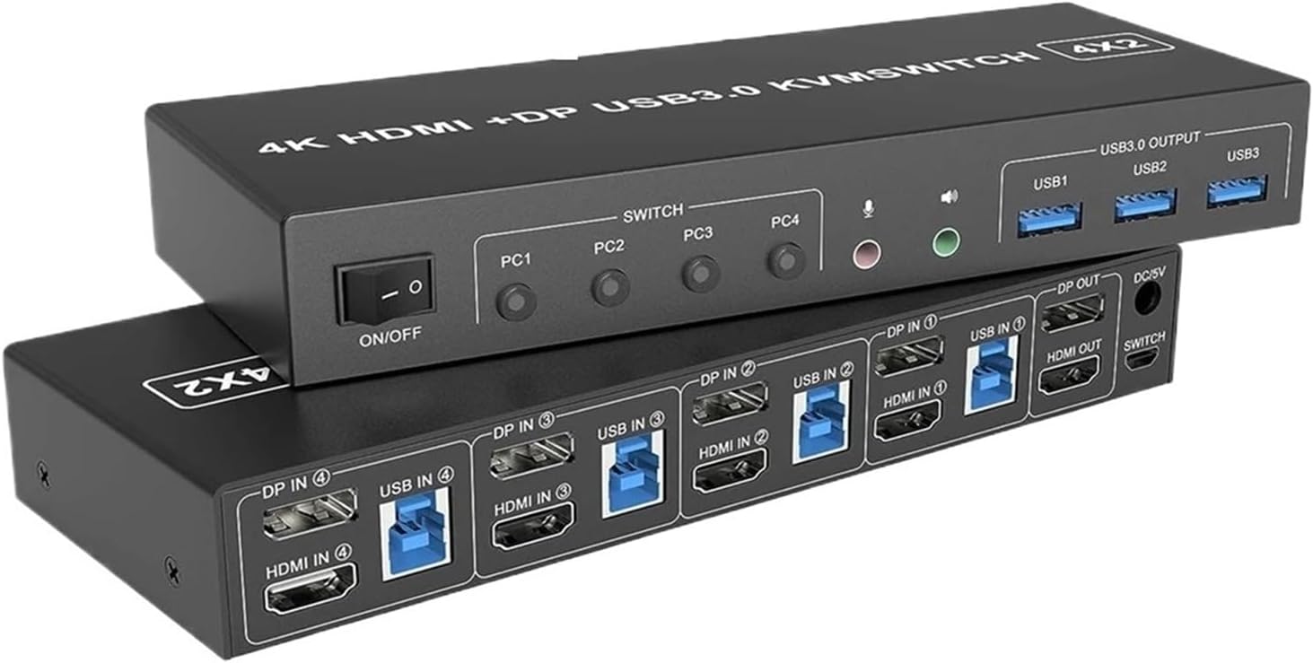 4 Port HDMI KVM USB 3.0 Switch 4X2 Dual Monitor 4K@60Hz Extended Display DP KVM Switch 4 in 2 Out for 4 PC Share Keyboard Mouse(ZY-AHD42U,AU Power Plug)