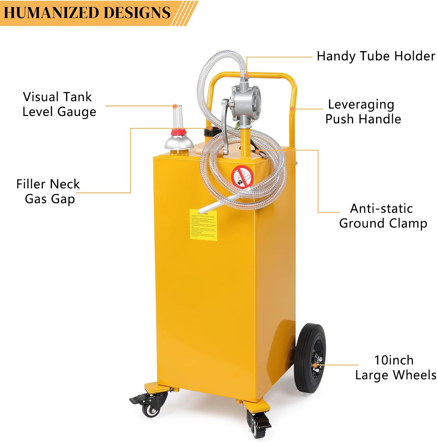 30-Gallon Oil Transfer Fluid Diesel Fuel Storage Tanks Gas Caddy Storage Diesel Kerosene Storage Containers with Rolling Flat-Free Solid Rubber Wheels for Boat, ATV, Car, Motorcycle Yellow