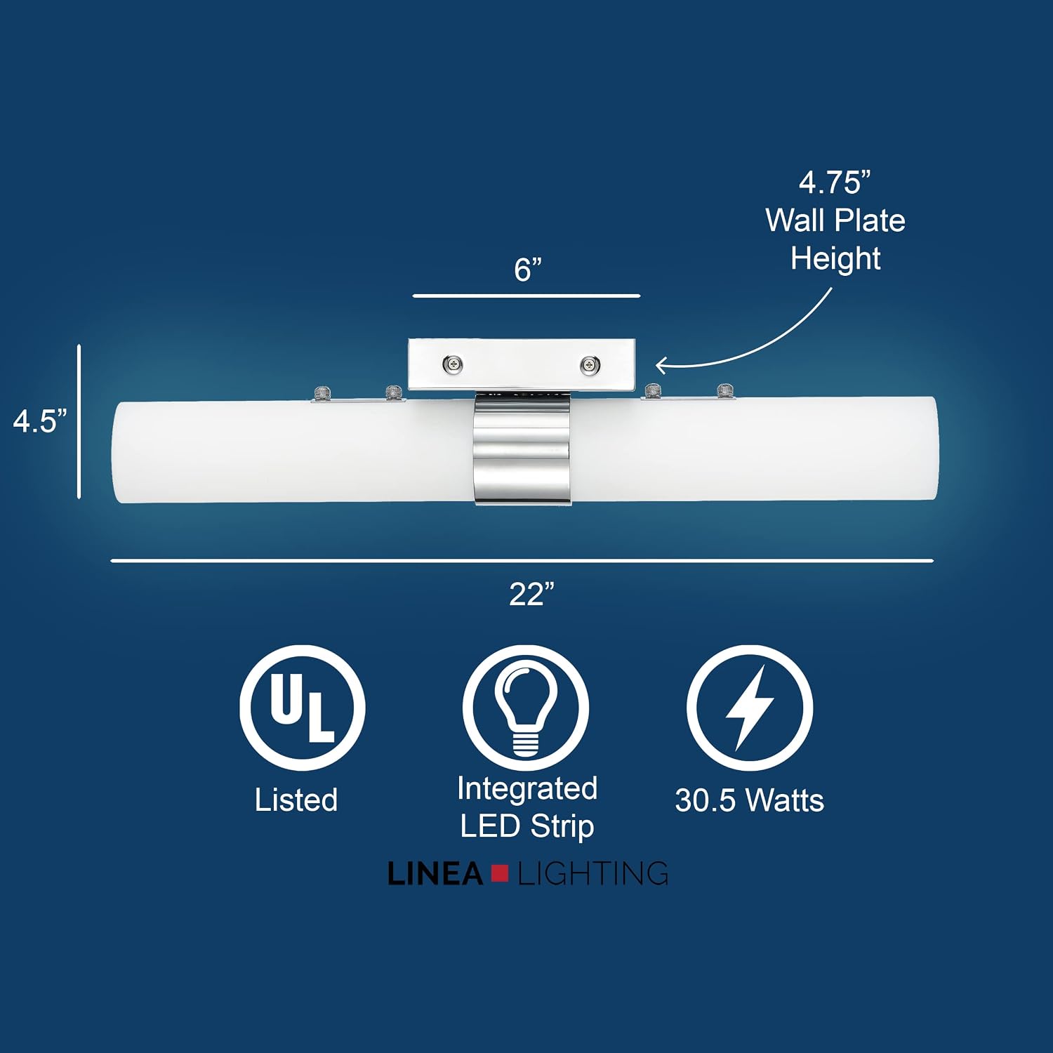 Linea di Liara Perpetua Modern LED Bathroom Vanity Light Bar 22 Inch Chrome Bathroom Light Fixtures Over Mirror and Over Sink, Dimmable White Frosted Glass Shade, UL Listed