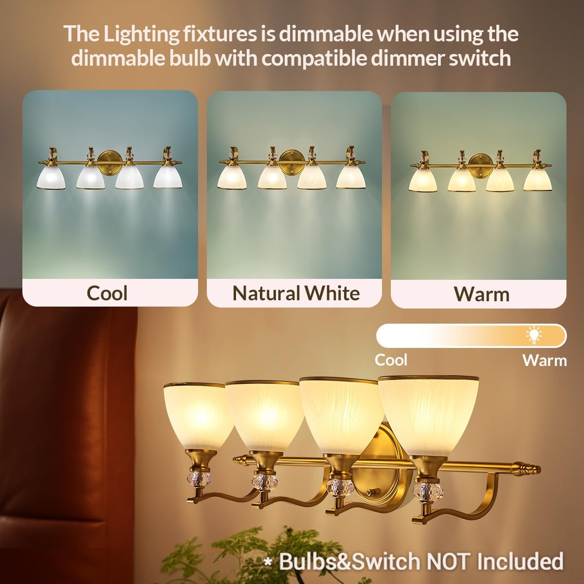 ANDY STAR Brushed Gold Vanity Light, 4-Light Bathroom Light Fixtures, Vintage Wall Lamp with Bell Shaped Frosted Lampshade, 27.8 Inch Bathroom Lighting Fixtures Over Mirror, (Bulbs Not Included)