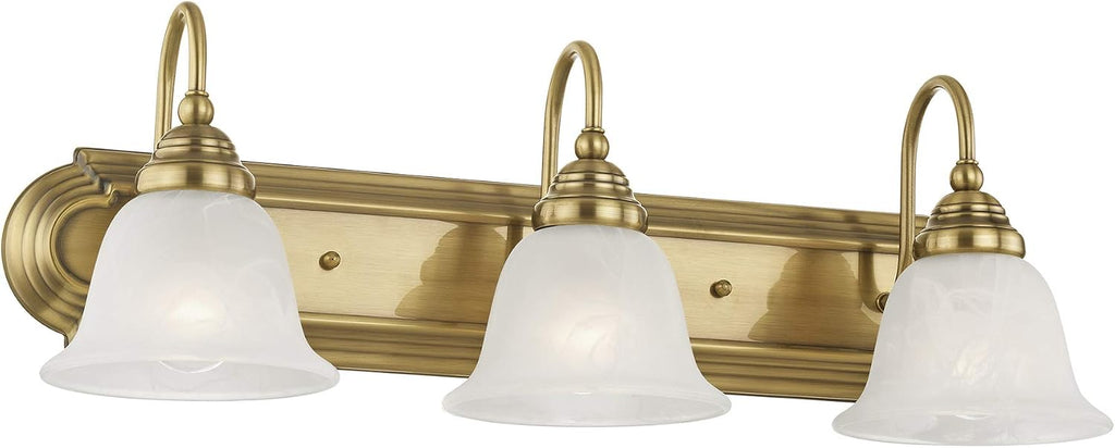 Livex Lighting 1003-01 Bath Vanity with White Alabaster Glass Shades, Antique Brass, 24 x 8.5 x 8.5