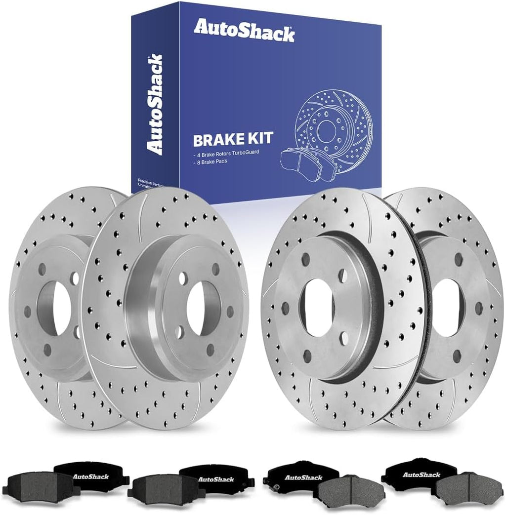 AutoShack Front & Rear Brake Rotors & Premium Pads for Jeep, Wrangler 2007-2017 Wrangler JK 2018, 4WD RWD V6 3.6L 3.8L - Coated Drilled & Slotted - Silver Matte Finish - TurboGuard