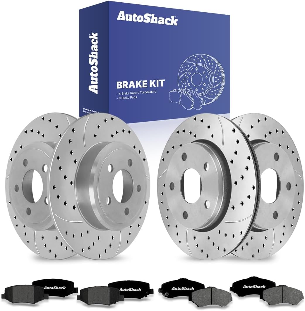 AutoShack Front & Rear Brake Rotors & Premium Pads for Jeep, Wrangler 2007-2017 Wrangler JK 2018, 4WD RWD V6 3.6L 3.8L - Coated Drilled & Slotted - Silver Matte Finish - TurboGuard