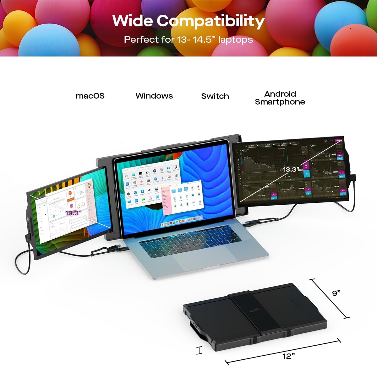 Portable Monitor - Mobile Pixels 13.3'' Trio Monitor for 13''-14'' Laptops with Built-in Kickstand, 1080P Full HD IPS Triple Screen, USB A/Type-C Plug and Play, Windows/Android/Mac (Optional Magnets)