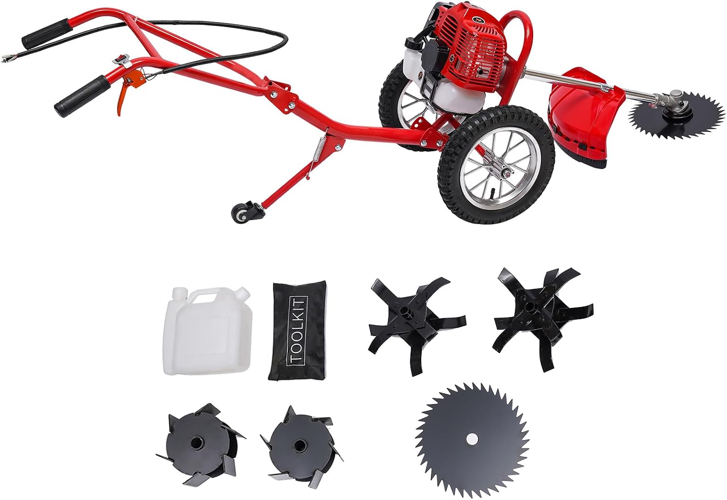 49CC 2-Stroke Gas Lawn Mower, 1.8KW Push Weed Eater & Lawn Trimmer, 2 in 1 Walk Behind Brush Cutter for Efficient Weed Removal Grass Cutting & Soil Loosening