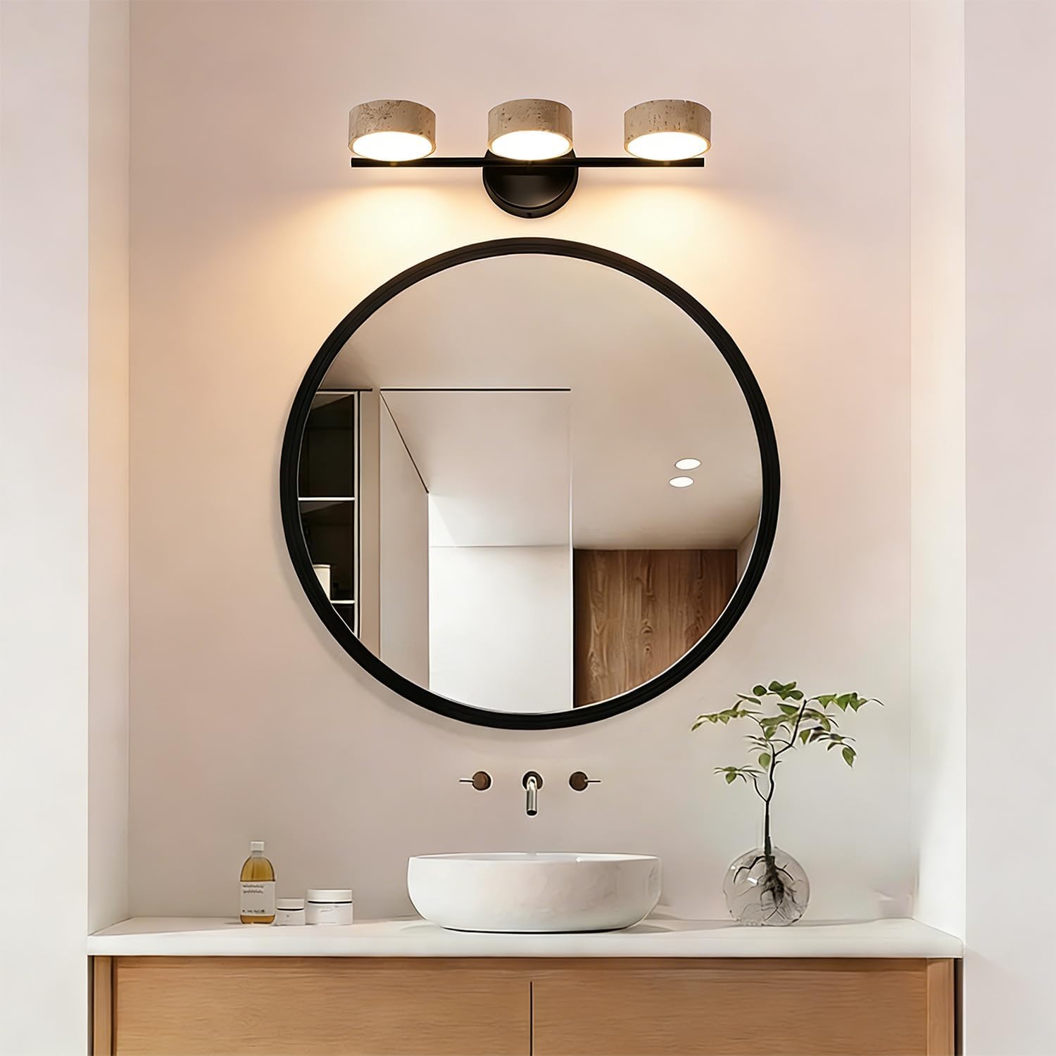 LED Mirror Light with 3 Travertine Stone Shades, Bathroom Vanity Light Fixture, 360° Rotatable Stone Lampshades, Modern Rustic Wall Lamp for Bedroom, Living Room, Hallway (Black-Metal)