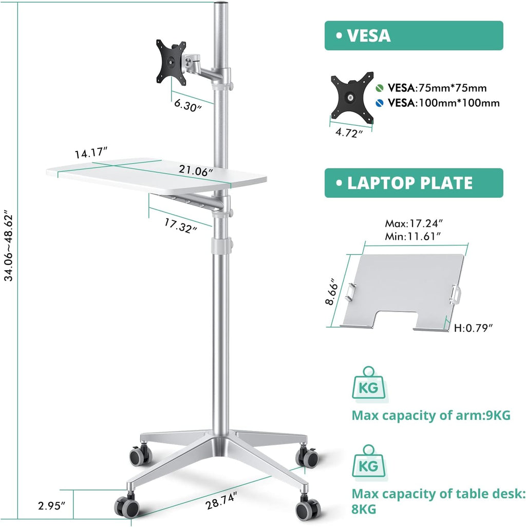 viozon Mobile Desk,Mobile Workstation,Mulitiuse Rolling Laptop Floor Stand,34'-48.6' Height Adjustable,Compatible with 17'-27'Monitor&12'-17'Laptop,21'×14' Desk Board,Maxload 17.6lbs,4 Lockable Wheels