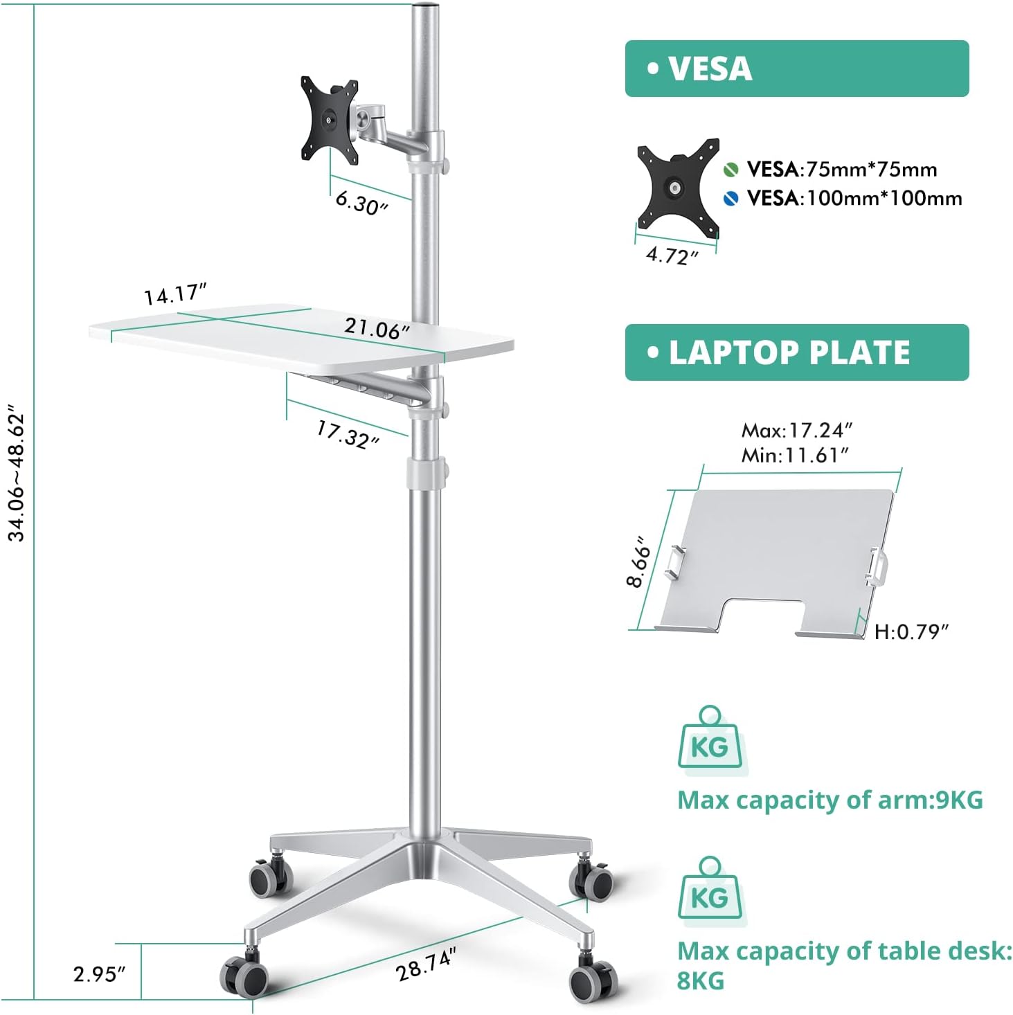 viozon Mobile Desk,Mobile Workstation,Mulitiuse Rolling Laptop Floor Stand,34'-48.6' Height Adjustable,Compatible with 17'-27'Monitor&12'-17'Laptop,21'×14' Desk Board,Maxload 17.6lbs,4 Lockable Wheels