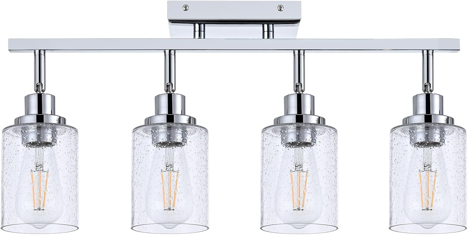 4-Light Multi-Directional Rotating Track Light Fixture Ceiling Track Lighting Heads with Seeded Glass Chrome Track Lighting Kit Bathroom Vanity Light Spotlight Fixtures for Kitchen Accent Shop