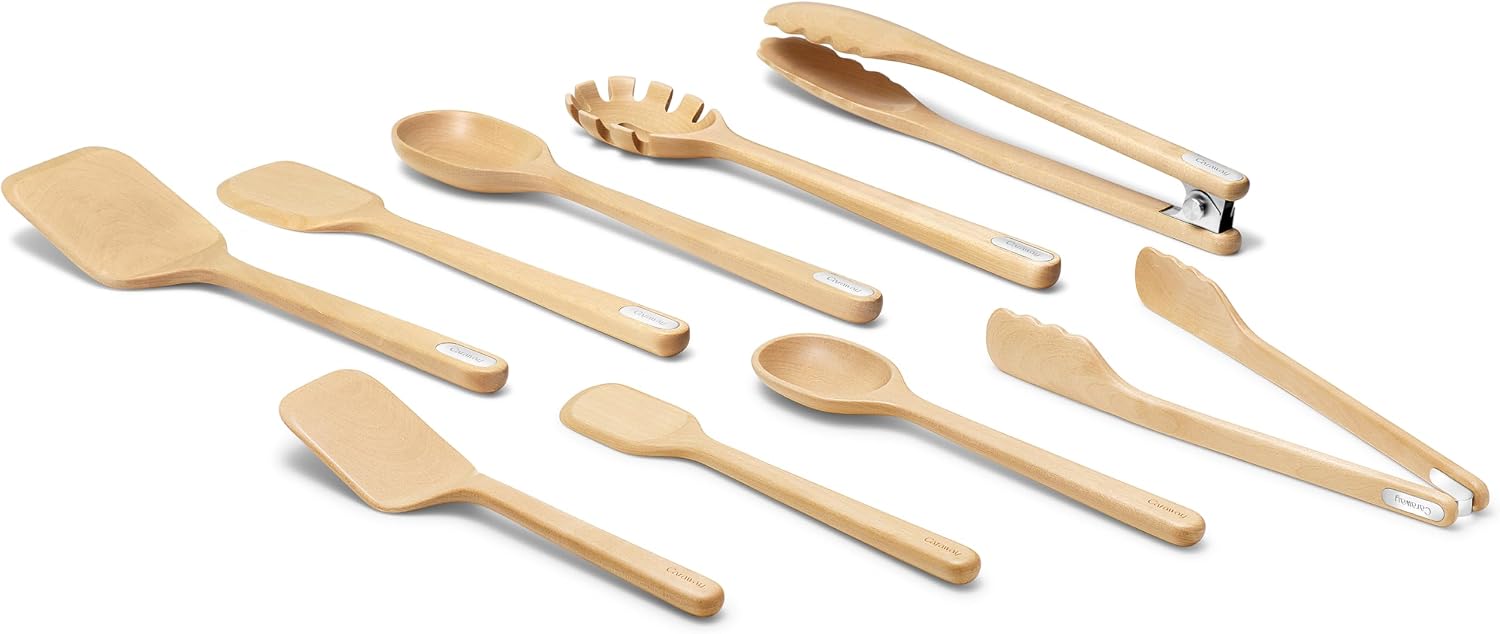 Caraway 9-Piece Wooden Kitchen Utensils Set for Cooking, Serving, and Plating - Includes Full-Size and Mini Spoons, Scrapers, Spatulas, Tongs and Server - Birch Wood