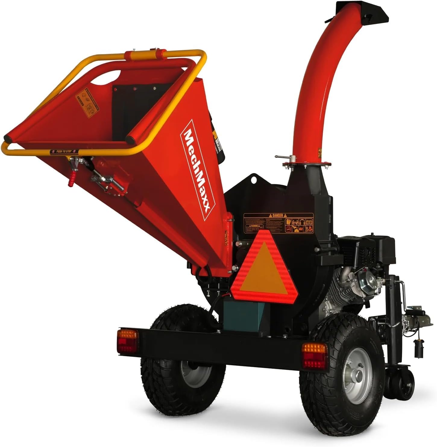 MechMaxx 5'' Inch E-Start 420cc 15hp Gas Powered Wood Chipper Shredder Mulcher with Tail Light, Towbar, Emergency Stop Button, Stop Bar, Model P4205 Red