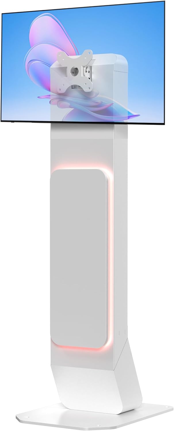 Brandable Kiosk Floor Stand for Displays – with Custom Branding Panel & LED Lights VESA 75x75 100x100 Monitor TV Tablet Displays – Lockable Secure (ADD-VFSKLED)