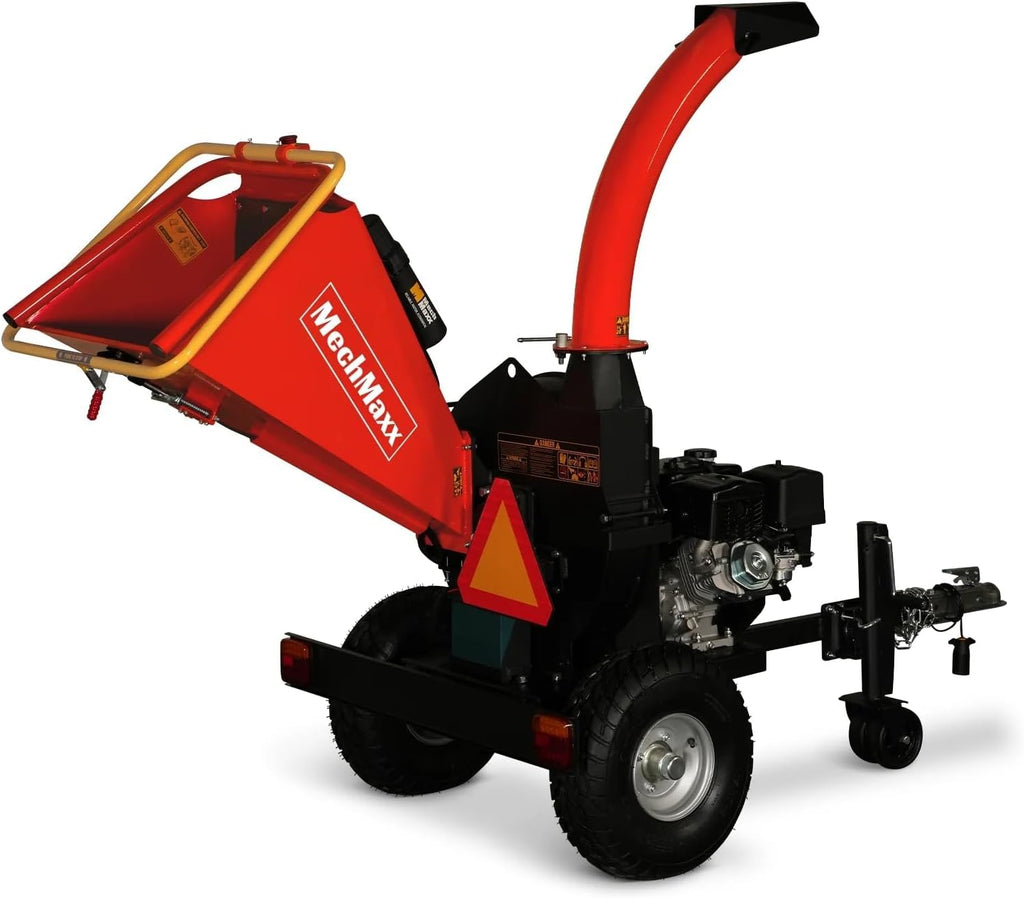 MechMaxx 5'' Inch E-Start 420cc 15hp Gas Powered Wood Chipper Shredder Mulcher with Tail Light, Towbar, Emergency Stop Button, Stop Bar, Model P4205 Red