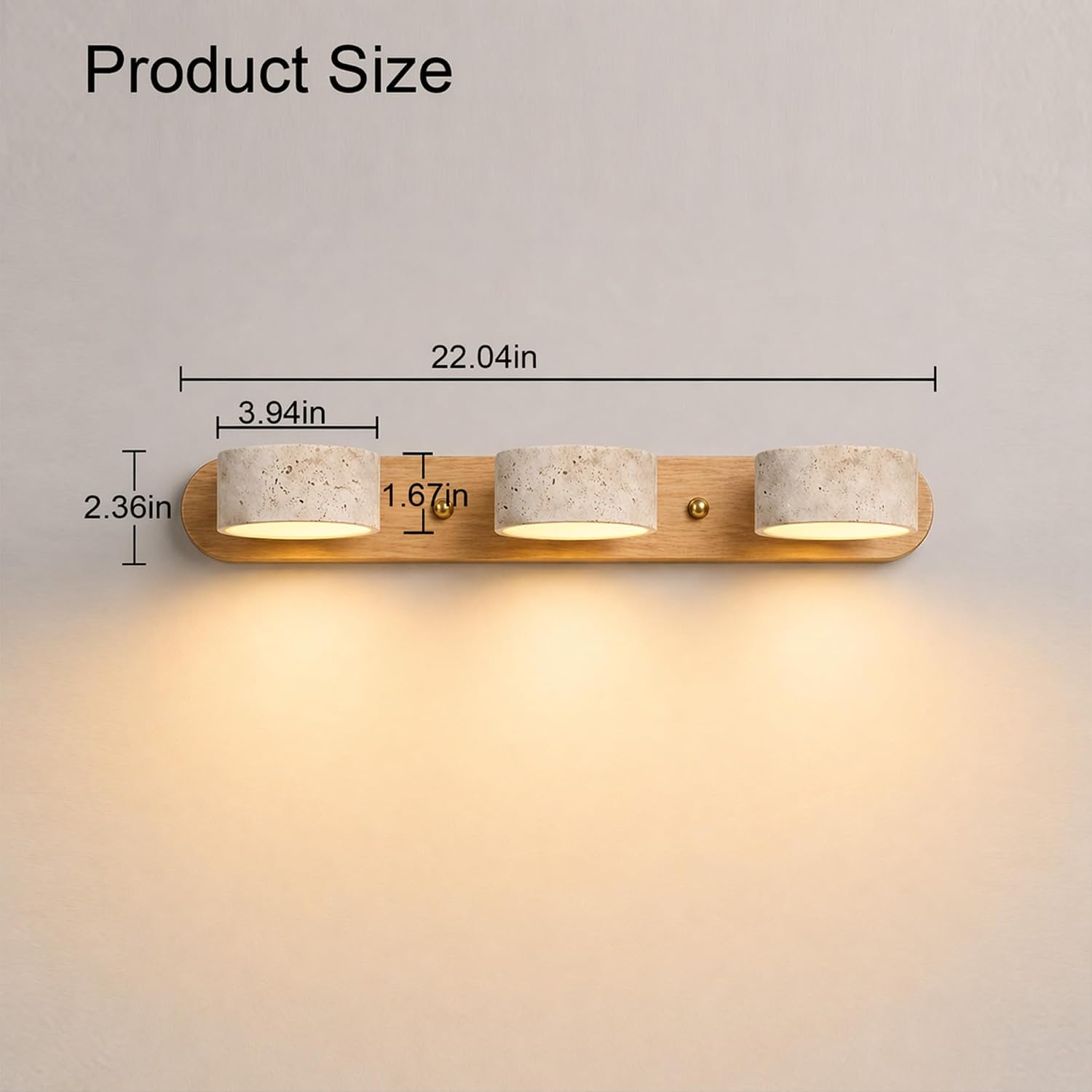 LED Natural Wood Vanity Light with 3 Travertine Stone Shades, Bathroom Vanity Light Fixture, 360° Rotatable Stone Lampshades, Modern Rustic Wall Lamp for Bedroom, Living Room, Hallway (Natural Wood)