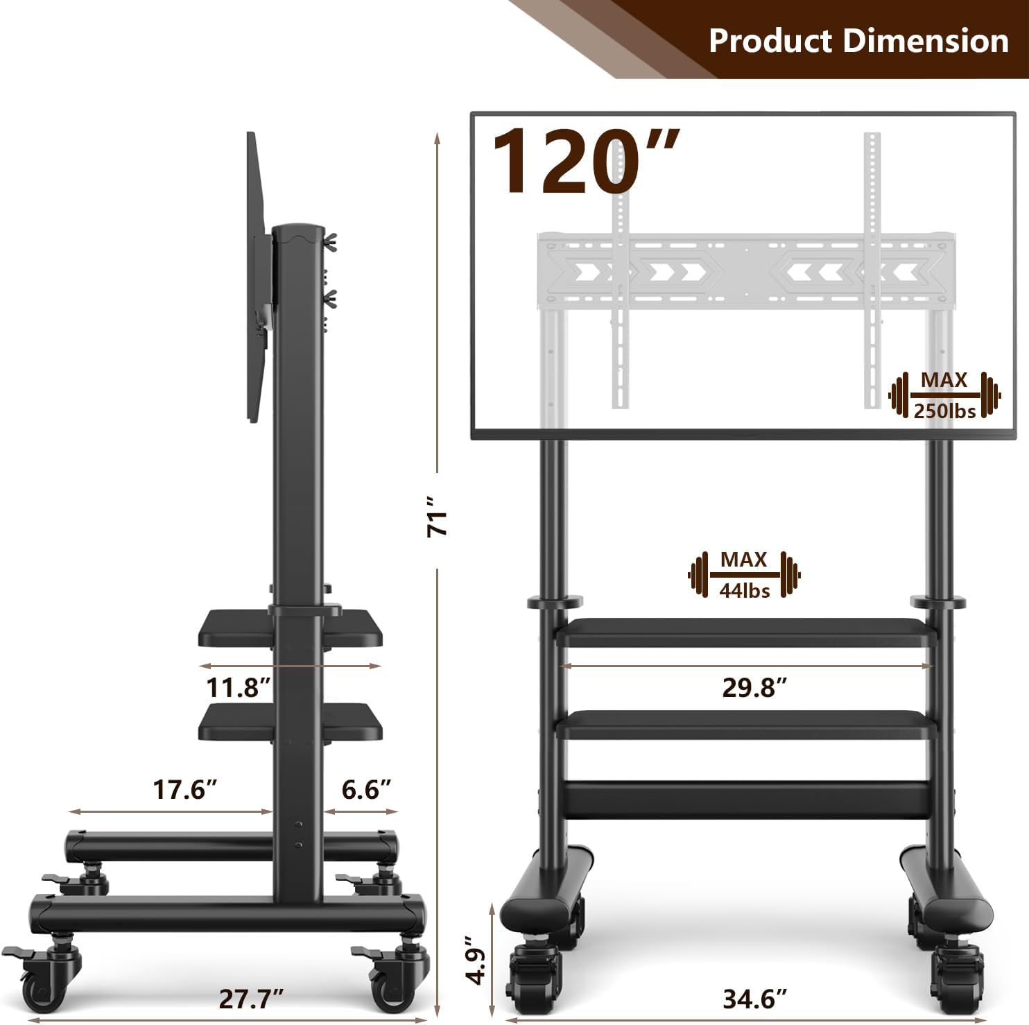 Mobile TV Cart Rolling TV Stand with Wheels for 55-120 Inch LCD LED Flat Curved Screens up to 250 lbs, Max VESA800x600 mm Heavy Duty Portable Floor TV Stand Large Base Trolley Height Adjustable