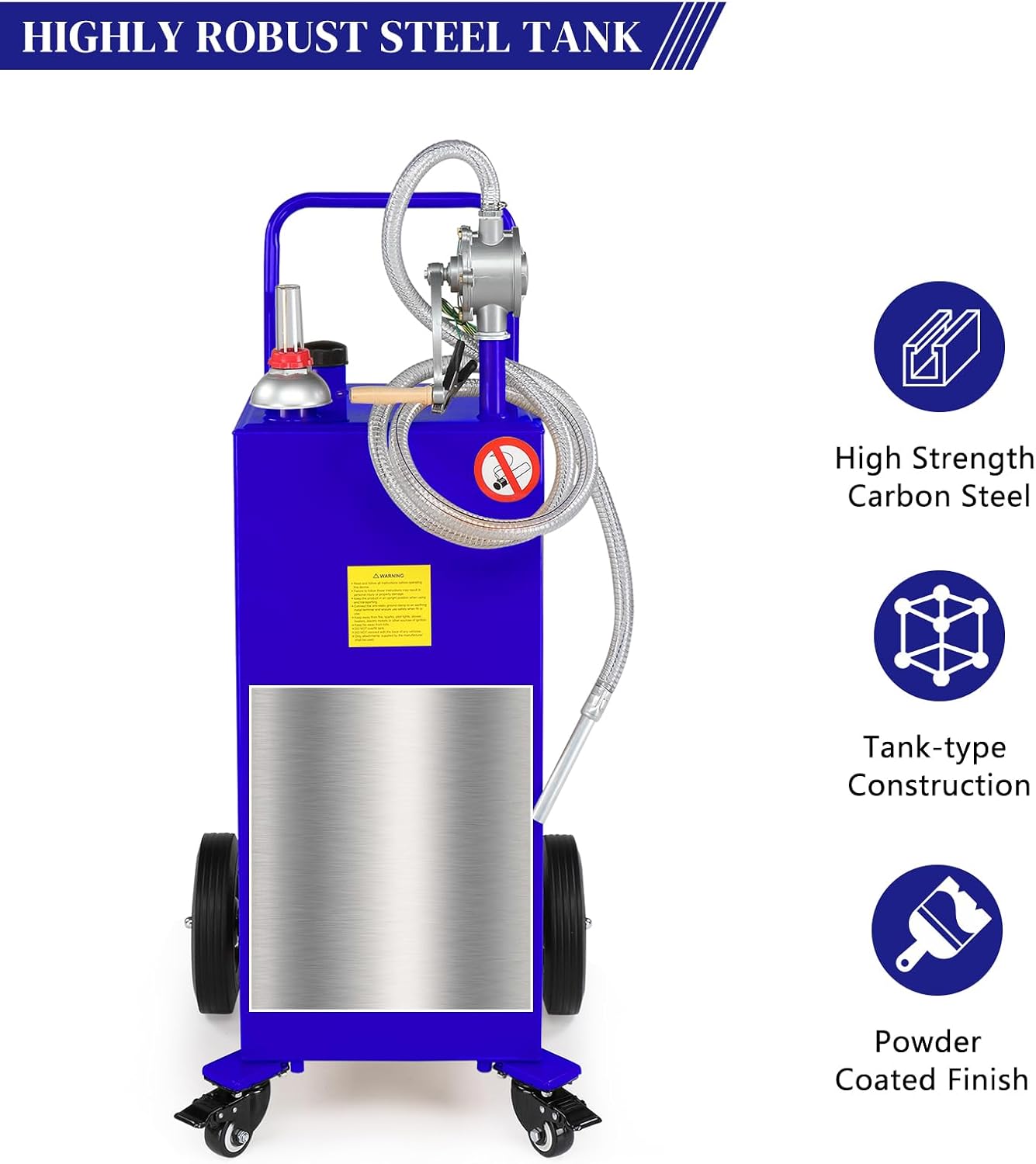30 Gallon Portable Gas Caddy, Fuel Transfer Tank Gasoline Diesel Storage Can with Rotary Hand Pump and 4 Wheels for Automobiles ATV Car Mowers Tractors (Blue)