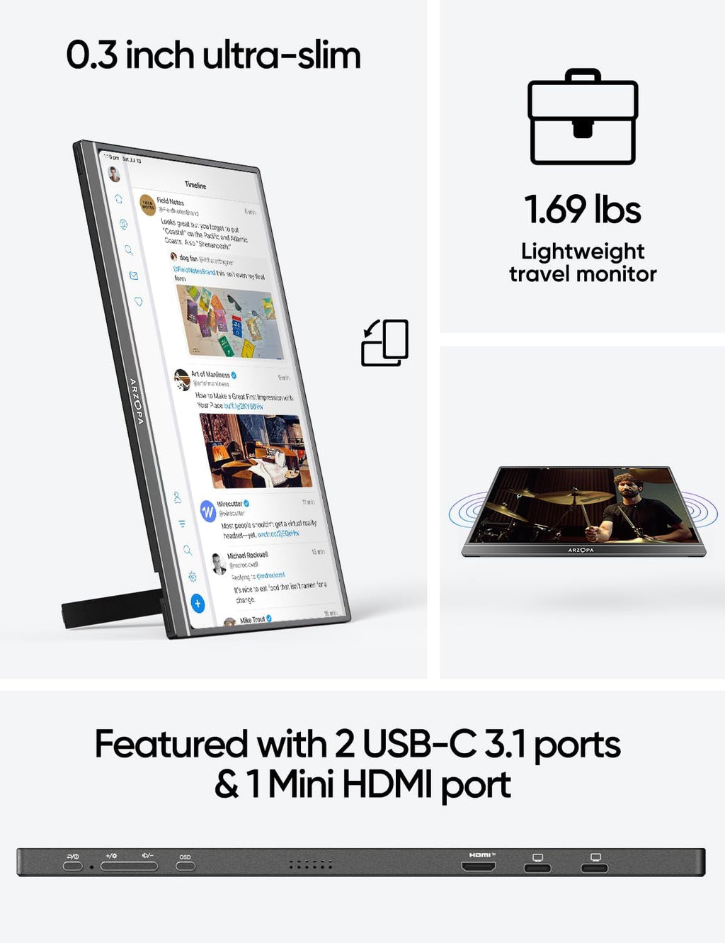 ARZOPA Portable Monitor & Sleeve, 17.3'' 1080P FHD Laptop Monitor &PU Sleeve Bag Combination