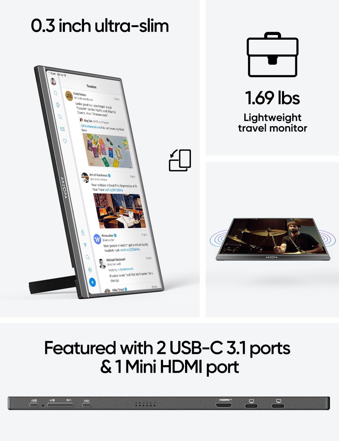 ARZOPA Portable Monitor & Sleeve, 17.3'' 1080P FHD Laptop Monitor &PU Sleeve Bag Combination