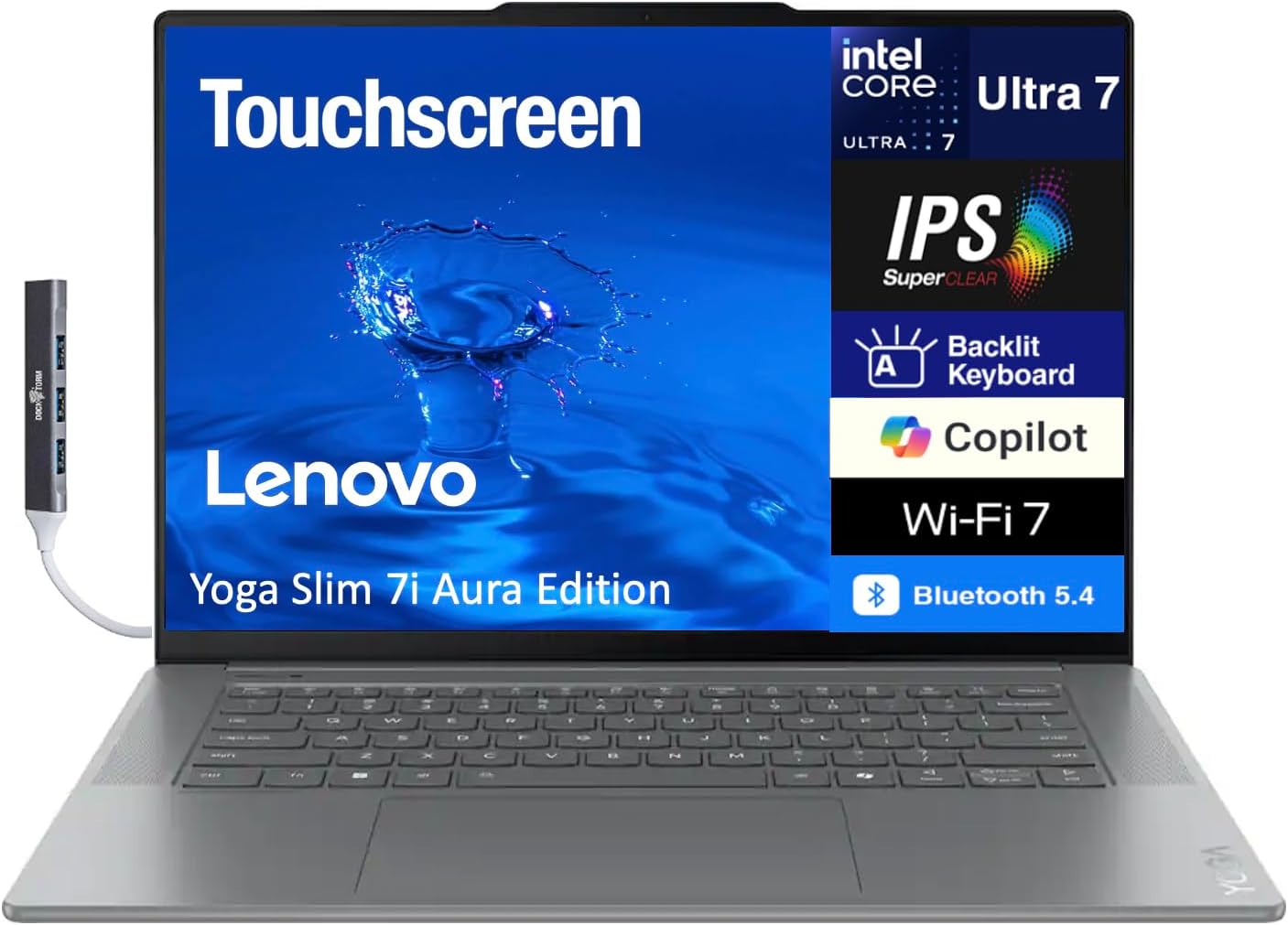 Lenovo Yoga Slim 7i Aura Edition Copilot + Laptop 15.3' Touchscreen IPS 2.8K Display (Intel Ultra 7-258V, 32GB LPDDR5X, 2TB M.2 PCIe SSD, Intel Arc 140V, Win 11 Home) w/DKZ USB Port Expander