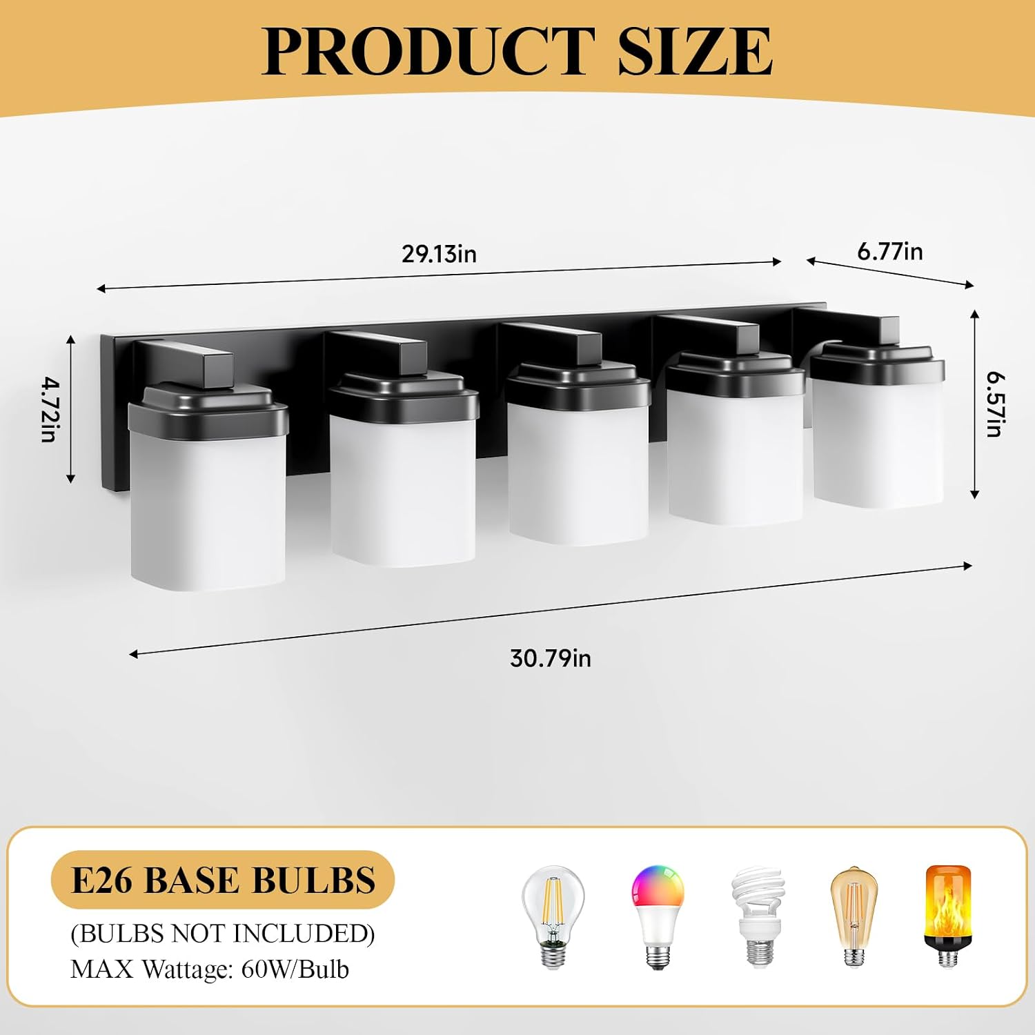 Vanity Lights, Bathroom Light Fixtures with Milky White Square Glass Shade, Modern Vanity Light Over Mirror, Bathroom Light Fixtures, Wall Sconce Light 5-Light Black, E26 Base