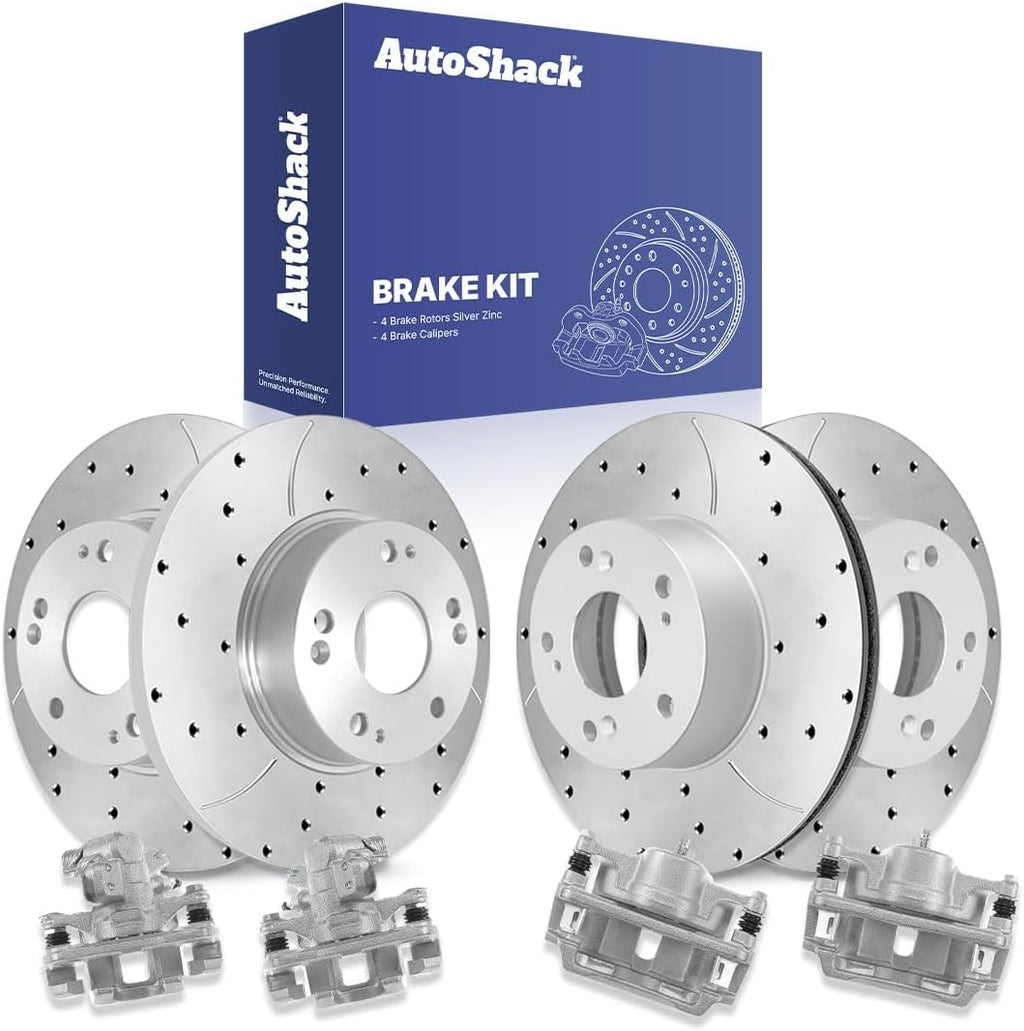AutoShack Front & Rear Brake Rotors & Calipers for Honda, Civic 2006-2011, FWD L4 1.8L - Silver Zinc Coated Drilled & Slotted - SilverShield Pro