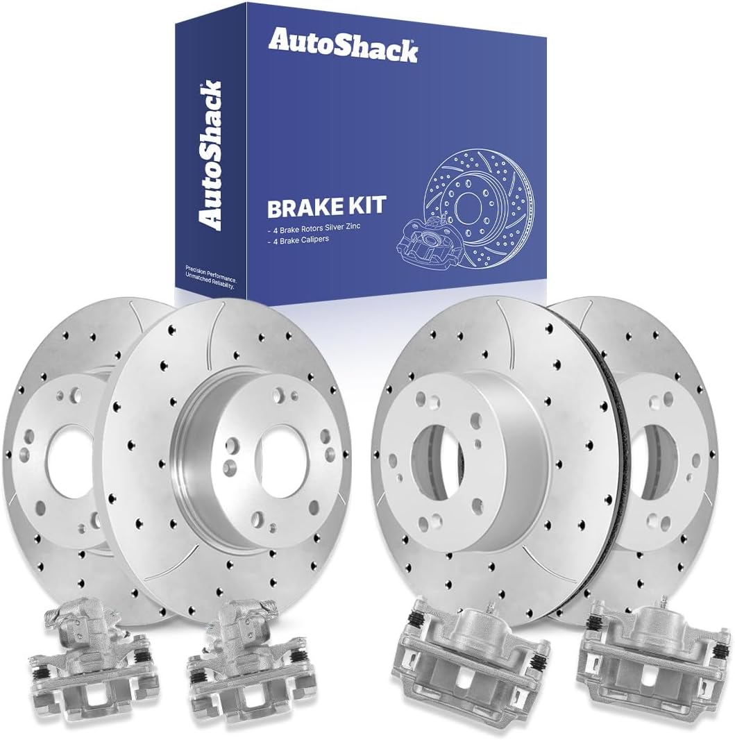 AutoShack Front & Rear Brake Rotors & Calipers for Honda, Civic 2006-2011, FWD L4 1.8L - Silver Zinc Coated Drilled & Slotted - SilverShield Pro