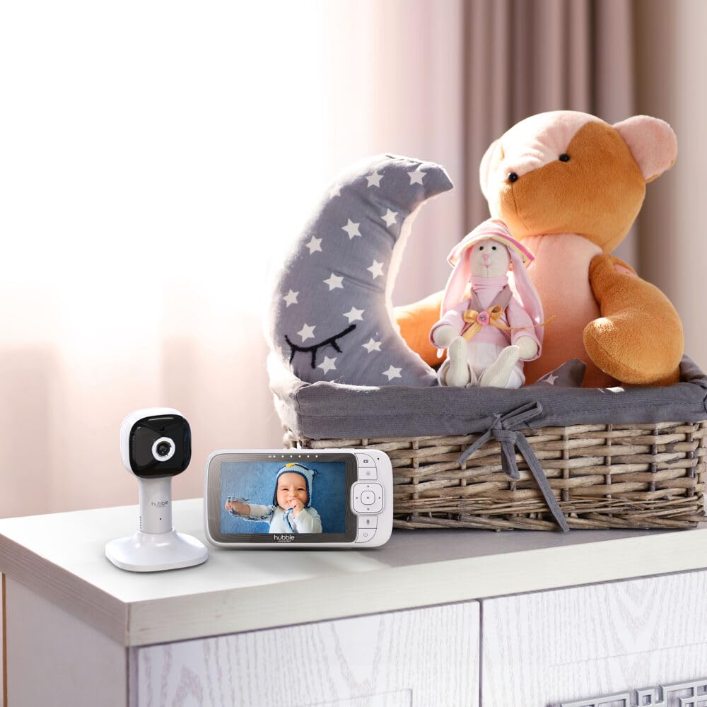 Hubble Connected Nursery Pal Cloud Smart Connected, Wi-Fi Enabled Baby Monitor with 5-Inch HD Color Parent Unit Viewer, Soothing Sounds and White Noise, 7-Color Night Light, Wall Mount, White