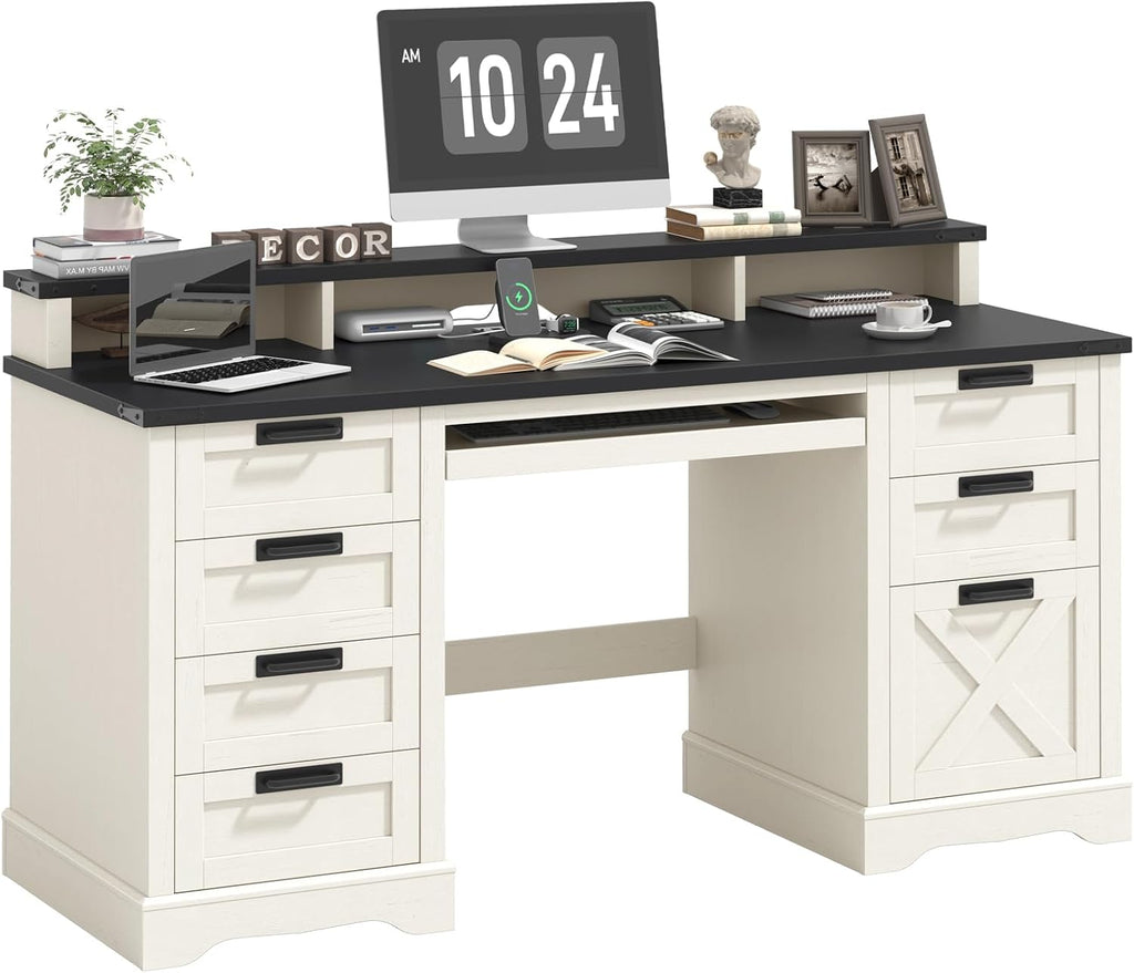 60' Farmhouse Executive Desk with 8 Drawers, Wood Computer Desk with Keyboard Tray and Charging Station, Home Office Desk Writing with File Drawer Fits A4 Size for Work and Study, White and Black
