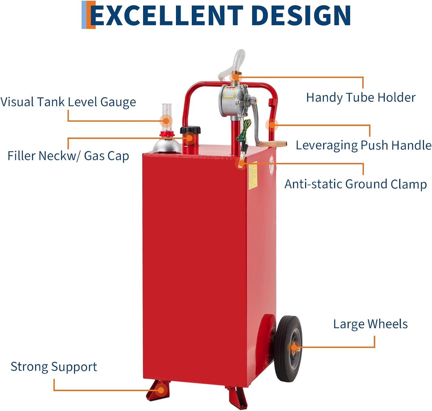 40 Gallon Fuel Caddy, Portable Gas Can with Manual Pump, Fuel Storage Tank for Gasoline & Diesel, Steel Gas Caddy on 2 Wheels, for Cars, Lawn Mowers, ATVs, Boats, Red